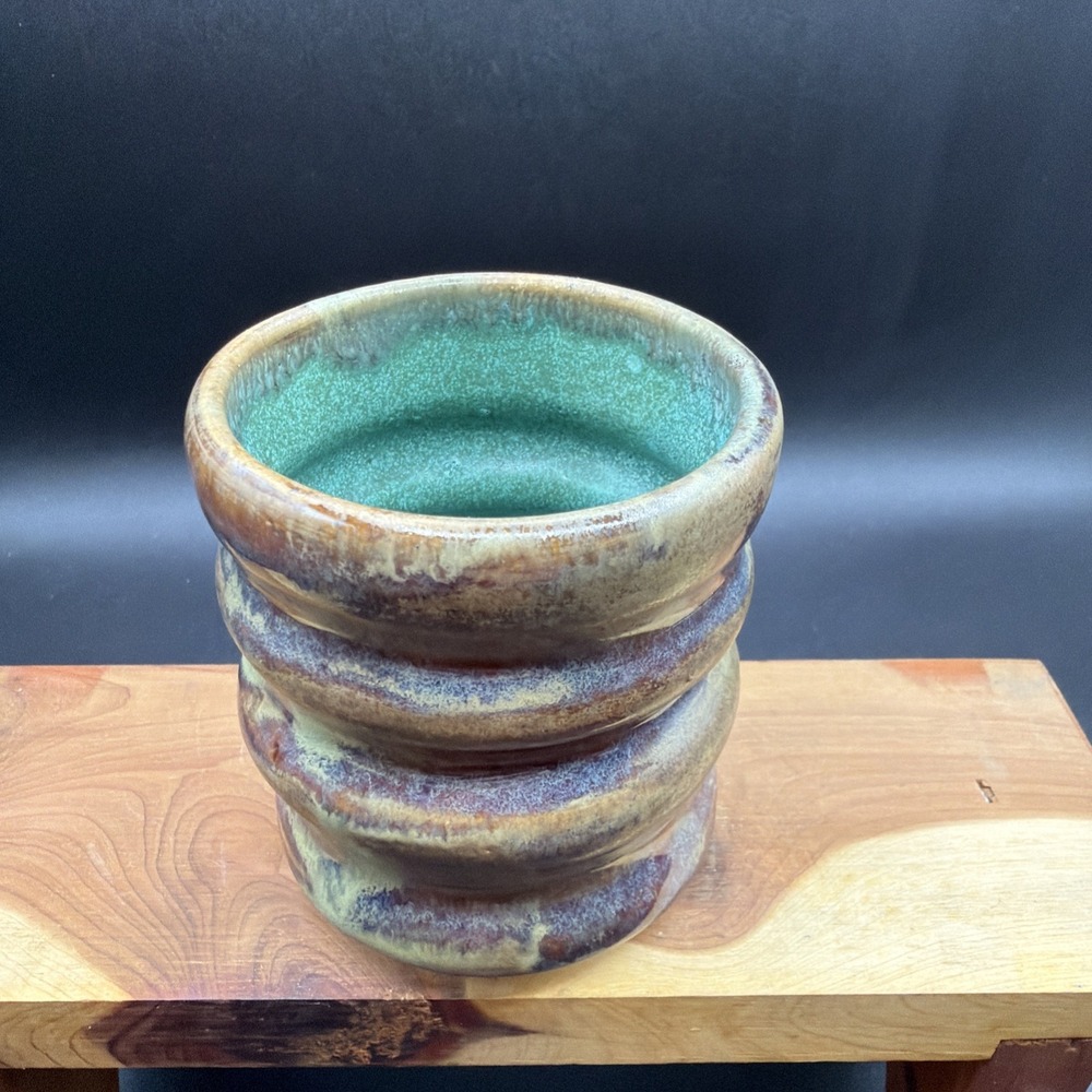VTG Studio Pottery Cup Toothbrush Pencil Holder Plum Green Bronze 3.5"x3" Signed